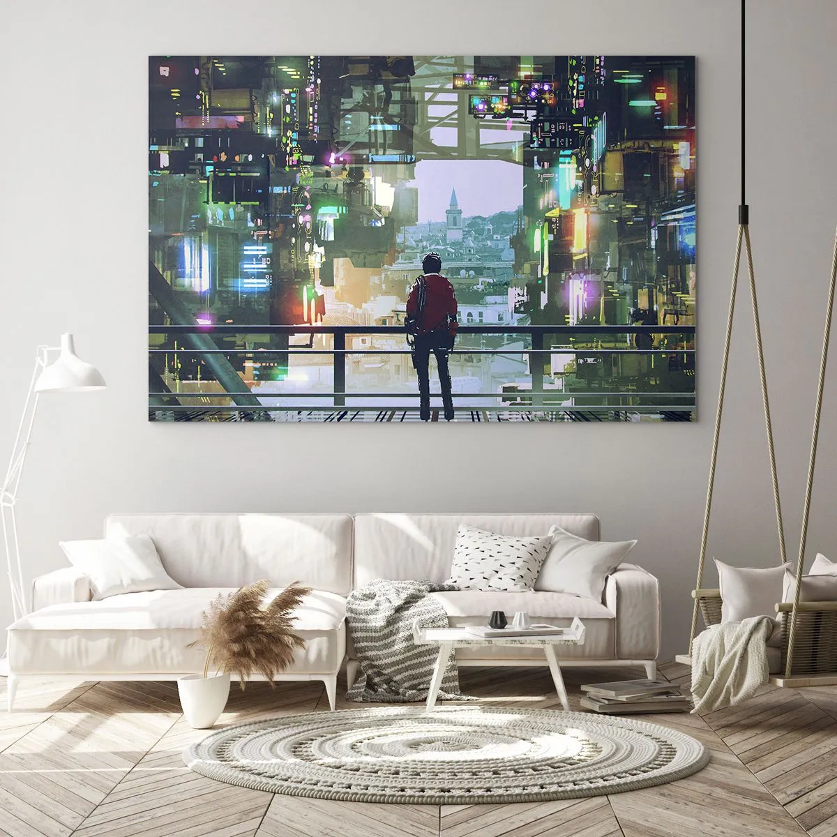 Tablou pe sticlă - O figură pe fundalul unui oraș futurist cu vedere la orașul vechi - 70x50cm - Două lumi - Decorațiune modernă pentru perete pentru living și dormitor ARTTOR
