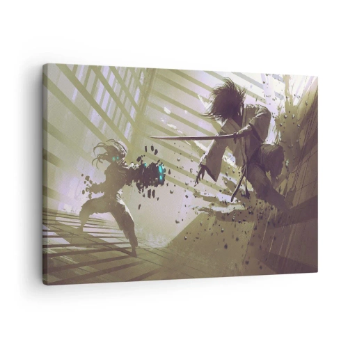 Tablou pe pânză Canvas - Lupta dinamică între două personaje într-un stil futurist - 70x50cm - Și tu poți fi samurai - Decorațiune modernă pentru perete pentru living și dormitor ARTTOR