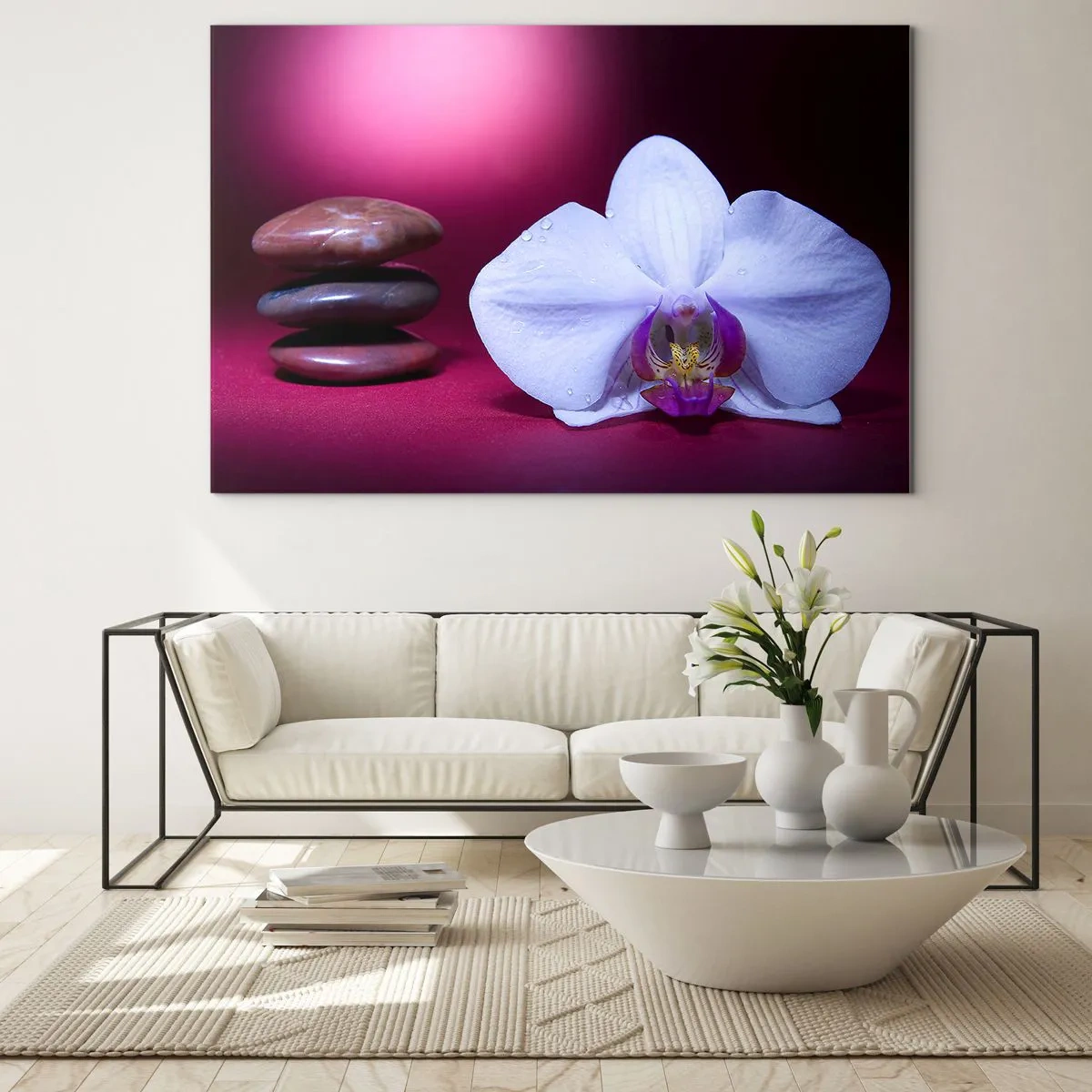 Tablou pe sticlă - Orhidee albă și pietre pe un fundal de lumină violetă - 70x50cm - Un studiu al prospețimii în mov - Decorațiune modernă pentru perete pentru living și dormitor ARTTOR
