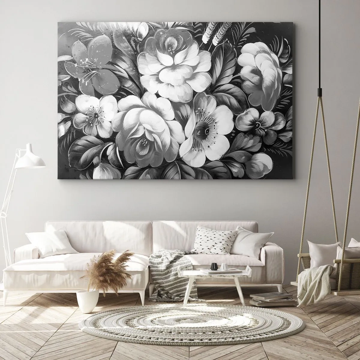 Tablou pe pânză Canvas - Flori albe și negre într-o compoziție clasică și elegantă - 70x50cm - Frumoase chiar și în gri - Decorațiune modernă pentru perete pentru living și dormitor ARTTOR