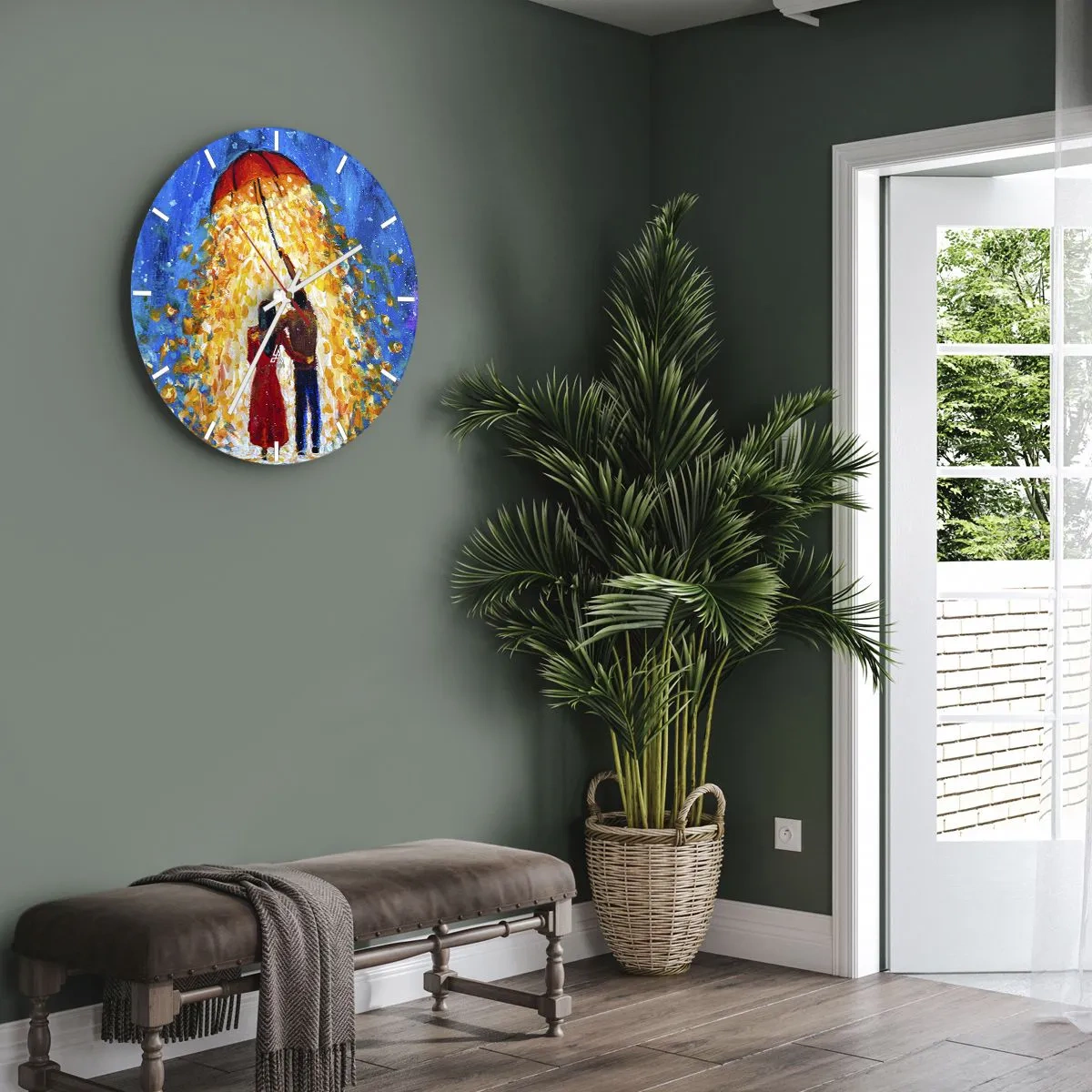 Ceas de perete - Ceas pe sticlă - Un cuplu sub o umbrelă roșie într-o ploaie luminoasă de culori - 30x30cm - Magia unei seri ploioase? - Decorațiune modernă pentru perete pentru living, bucătărie și dormitor ARTTOR