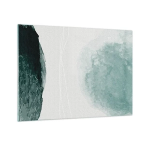 Tablou pe sticlă - Forme abstracte verzi pe un fundal deschis care seamănă cu ceața - 70x50cm - Întâlnire cu ceața - Decorațiune modernă pentru perete pentru living și dormitor ARTTOR