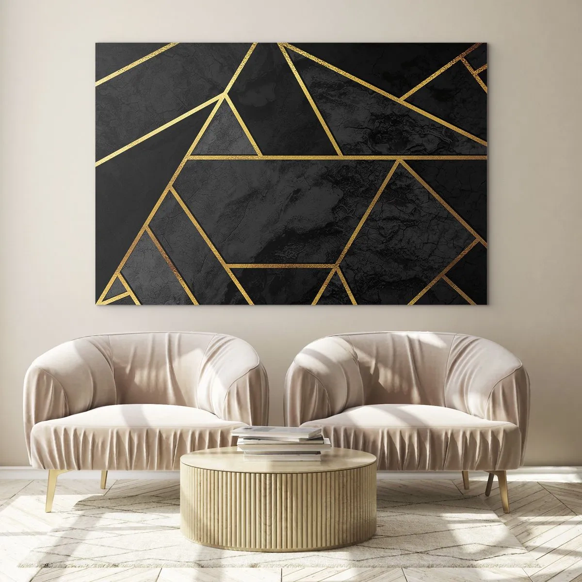 Tablou pe sticlă - Compoziție geometrică neagră și aurie pe fundal de marmură - 70x50cm - Întuneric și lumină - Decorațiune modernă pentru perete pentru living și dormitor ARTTOR