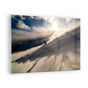 Tablou pe sticlă - Un schior alunecând pe o pantă în lumina soarelui de iarnă - 70x50cm - Provocarea munților - Decorațiune modernă pentru perete pentru living și dormitor ARTTOR