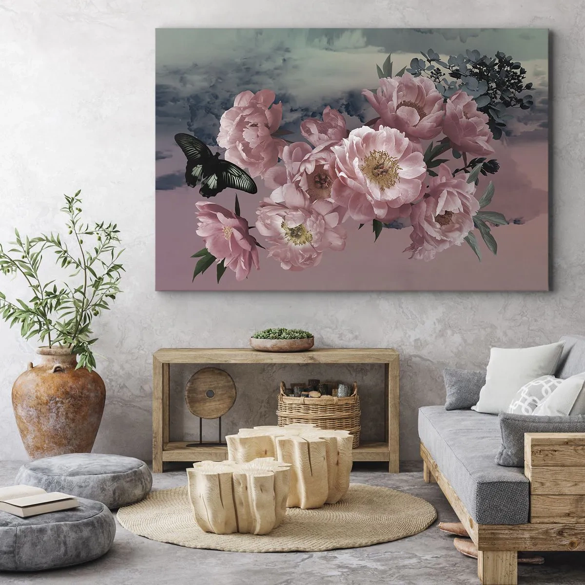 Tablou pe pânză Canvas - Bujori roz cu un fluture pe un fundal pastel - 70x50cm - Apogeul romantismului - Decorațiune modernă pentru perete pentru living și dormitor ARTTOR
