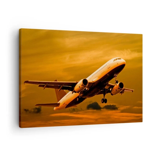 Tablou pe pânză Canvas - Un avion de pasageri decolează pe un cer auriu al apusului. - 70x50cm - Zbor spre soare - Decorațiune modernă pentru perete pentru living și dormitor ARTTOR