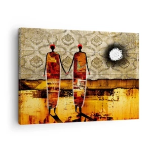 Tablou pe pânză Canvas - O pereche abstractă de figuri pe un fundal de modele aurii și un peisaj. - 70x50cm - Compoziție etnică în culorile Africii - Decorațiune modernă pentru perete pentru living și dormitor ARTTOR