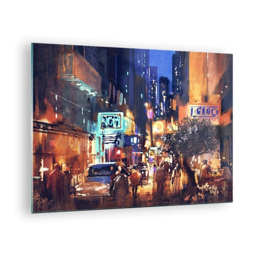 Tablou pe sticlă - Scenă pitorească de oraș nocturn cu lumini neon și trafic stradal - 70x50cm - Iar orașul nu doarme - Decorațiune modernă pentru perete pentru living și dormitor ARTTOR