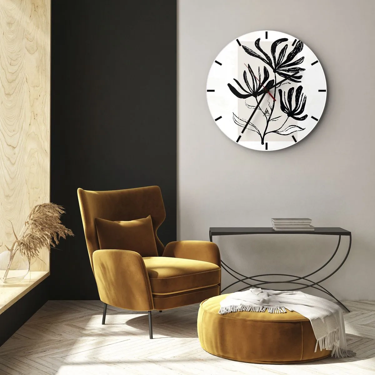 Ceas de perete - Ceas pe sticlă - O schiță neagră a unei plante pe un fundal deschis cu un accent bej. - 30x30cm - Schiță pentru ierbar - Decorațiune modernă pentru perete pentru living, bucătărie și dormitor ARTTOR