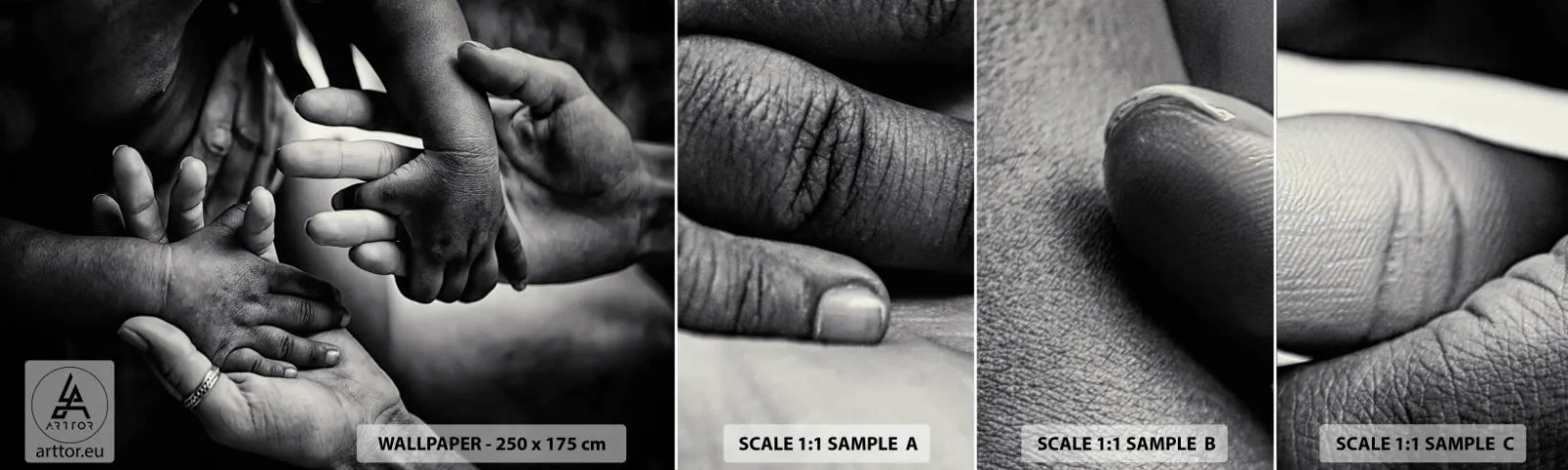 Mostră tapet autocolant Deluxe Sticker - A fi om - Mâinile, oameni, Dragoste - 100x30 cm