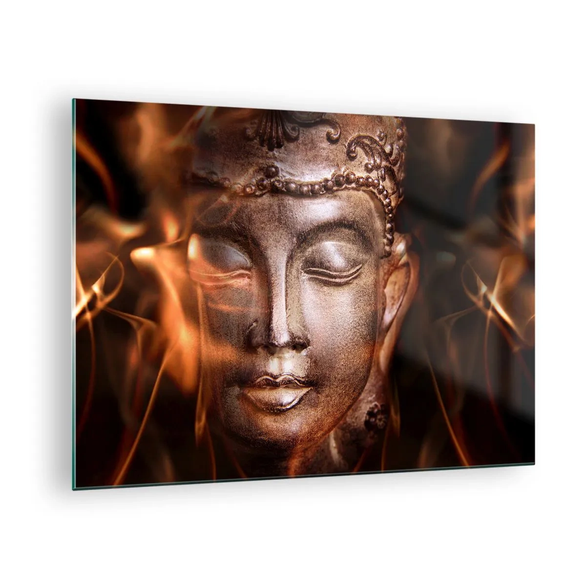 Tablou pe sticlă - Fața încețoșată a lui Buddha în nuanțe calde de auriu și maro - 70x50cm - Există doar aici și acum - Decorațiune modernă pentru perete pentru living și dormitor ARTTOR