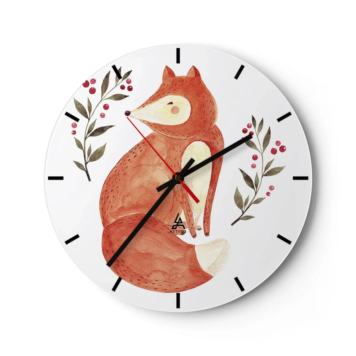 Ceas de perete - Ceas pe sticlă - Ilustrație a unei vulpi roșii înconjurate de crenguțe cu fructe de pădure - 30x30cm - Micuțul roșcat - Decorațiune modernă pentru perete pentru living, bucătărie și dormitor ARTTOR
