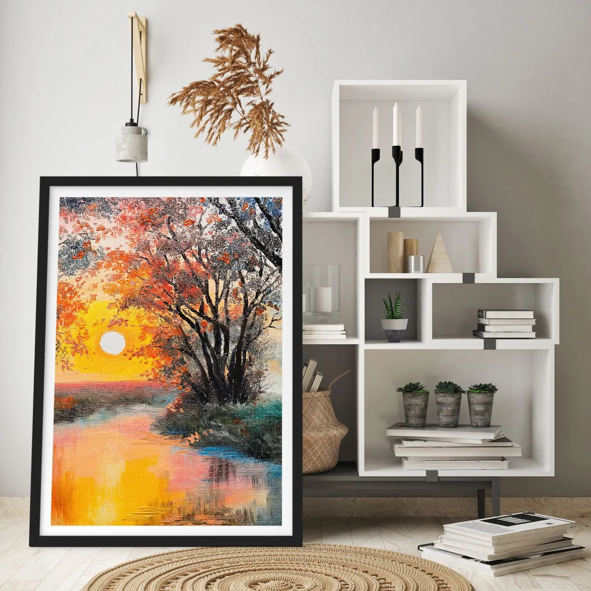 Poster în ramă neagră - Apus de soare peste un râu cu copaci - 50x70cm - Atmosferă de toamnă - Decorațiune modernă pentru perete pentru living și dormitor ARTTOR