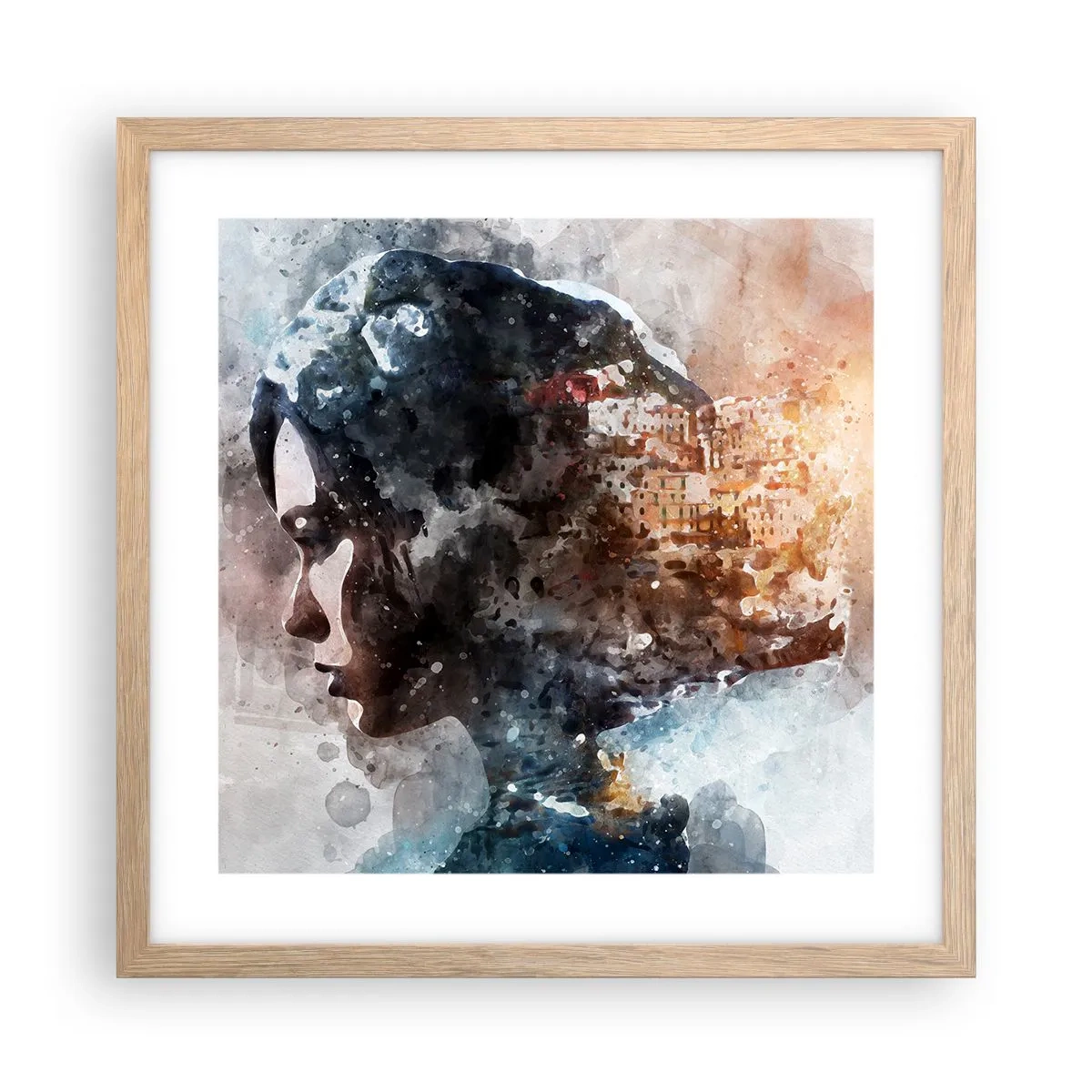 Poster în ramă de stejar deschis - Povestea unei fete cu un oraș în fundal - 40x40 cm