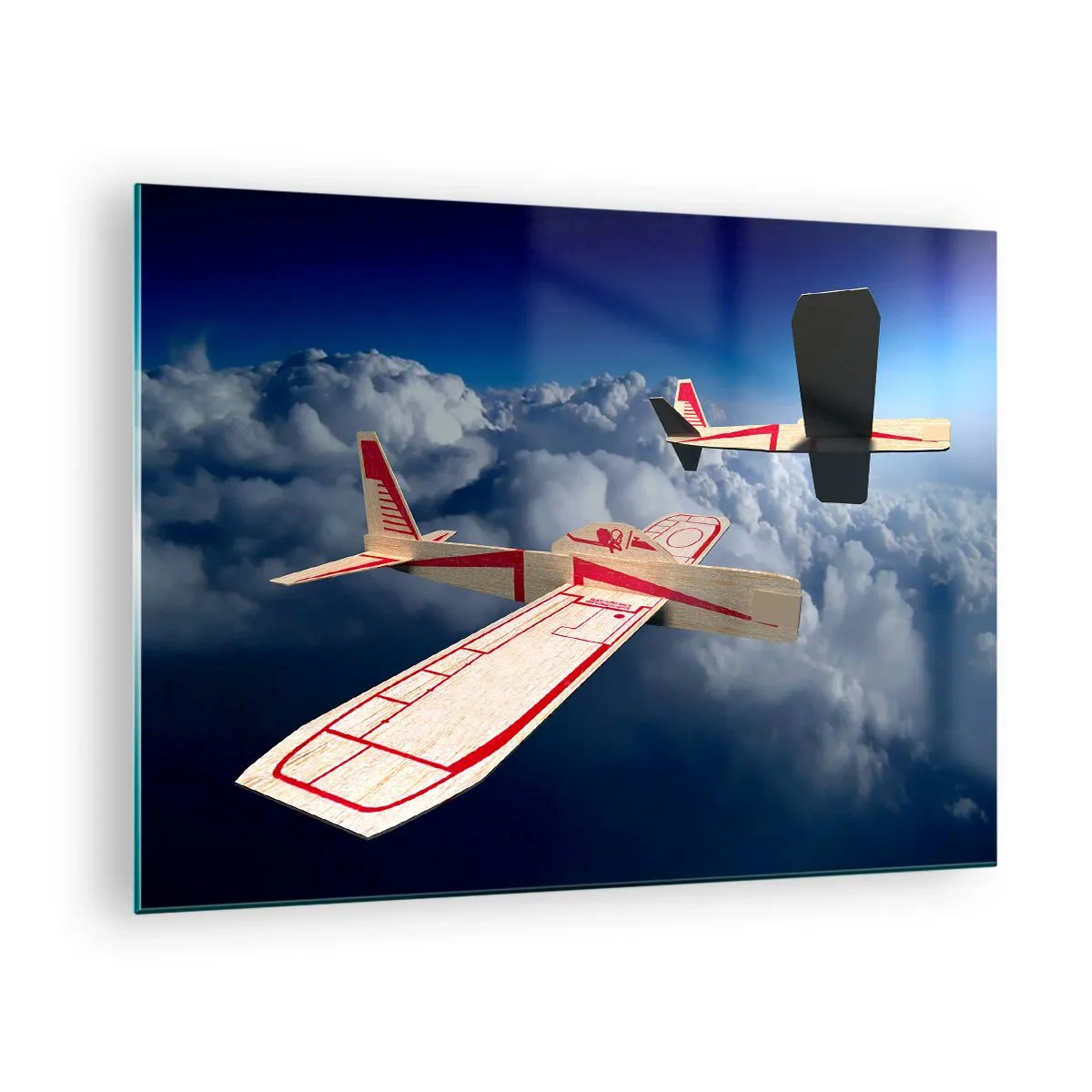 Tablou pe sticlă - Avioane în miniatură planând printre nori - 70x50cm - Chiar mai sus, chiar mai departe - Decorațiune modernă pentru perete pentru living și dormitor ARTTOR