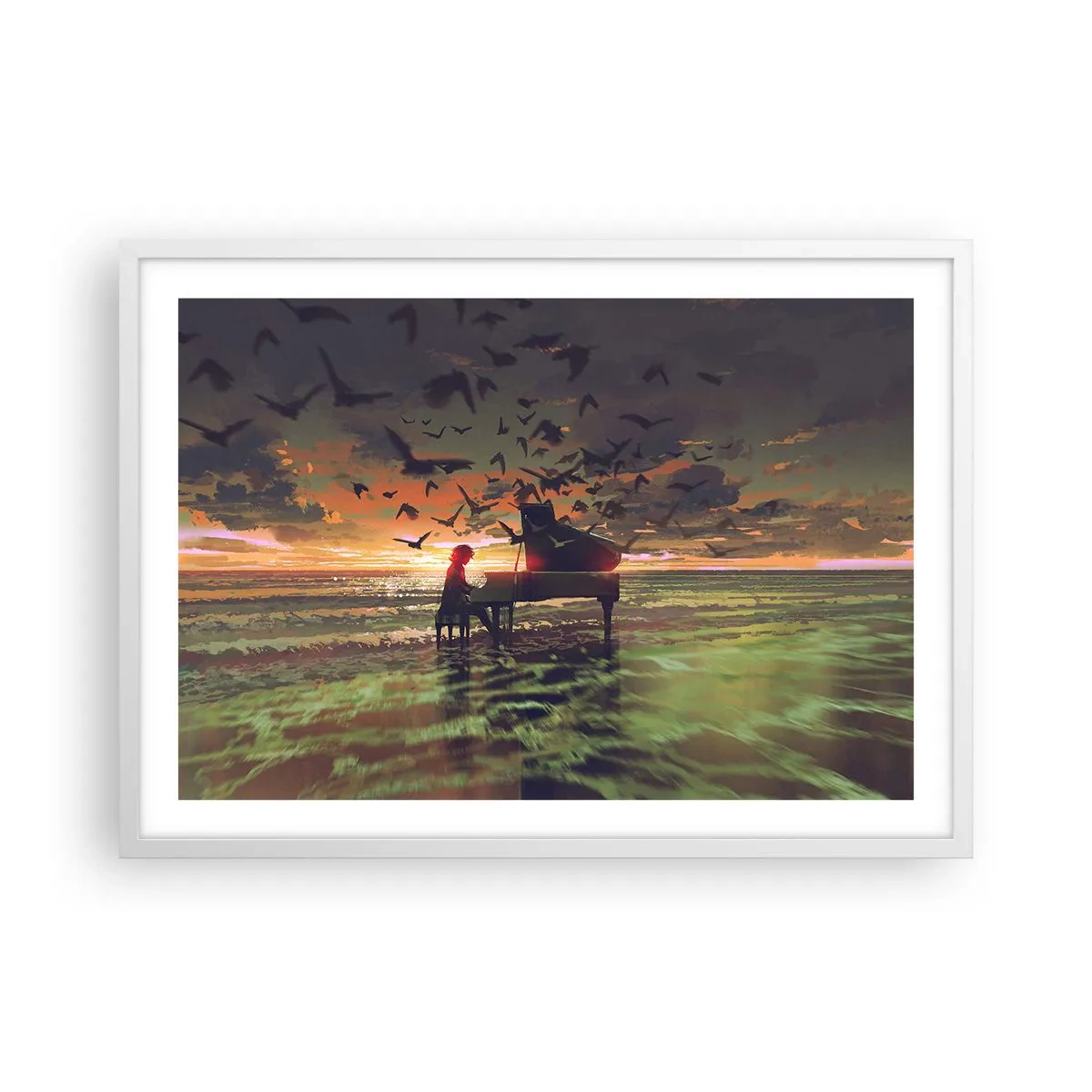 Poster în ramă albă - Concert pentru pian și valuri - 70x50 cm