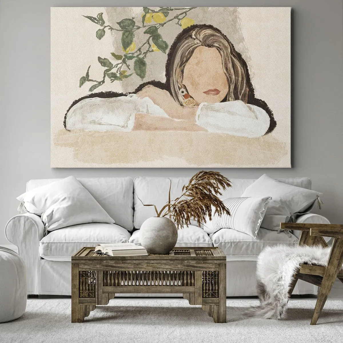 Tablou pe pânză Canvas - Figura unei femei pe fundalul unui lămâi - 70x50cm - Frumusețea sudului - Decorațiune modernă pentru perete pentru living și dormitor ARTTOR