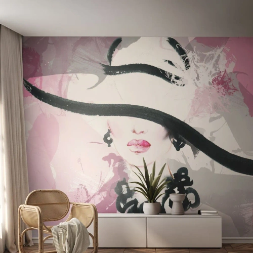 Tapet Premium Sand - Studiu unei dame în negru și roz - Femeie, Chipul de femeie, Abstracția - 200x140 cm