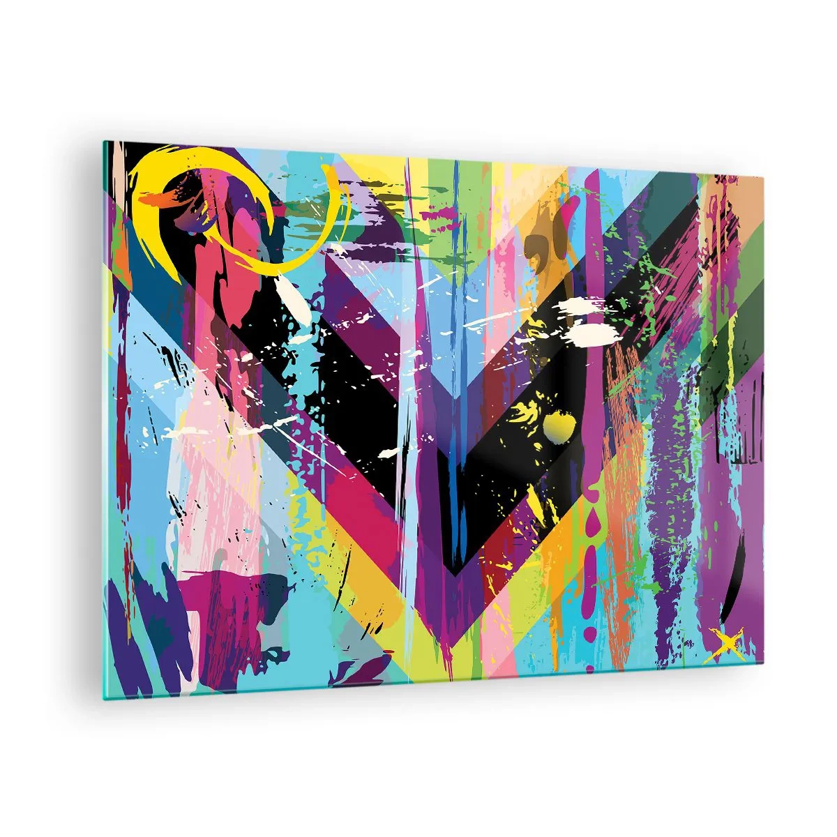 Tablou pe sticlă - Abstracție colorată cu forme dinamice și culori intense - 70x50cm - De sus în jos - Decorațiune modernă pentru perete pentru living și dormitor ARTTOR