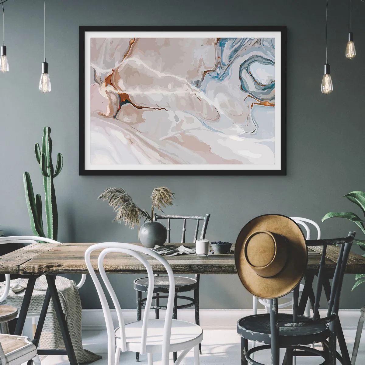 Poster în ramă neagră - Meandre albastre sub alb - 100x70 cm