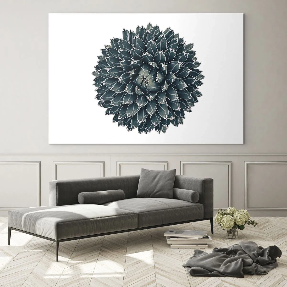 Tablou pe sticlă - Model simetric de plantă suculentă pe fundal alb - 70x50cm - Steaua deșertului - Decorațiune modernă pentru perete pentru living și dormitor ARTTOR