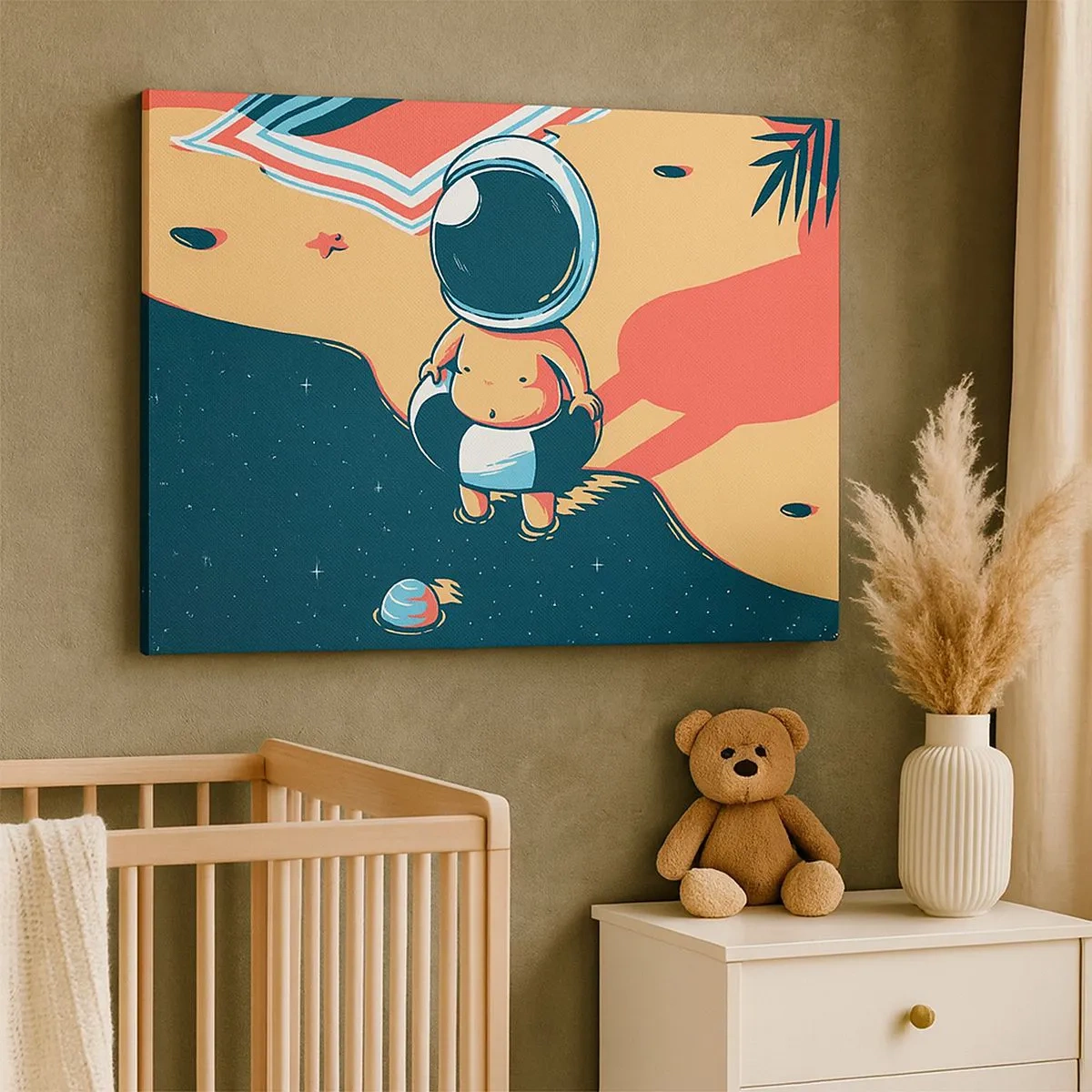 Tablou pe pânză Canvas - Astronaut amuzant pe plajă cu elemente spațiale în fundal - 70x50cm - Dintr-o perspectivă diferită - Decorațiune modernă pentru perete pentru living și dormitor ARTTOR