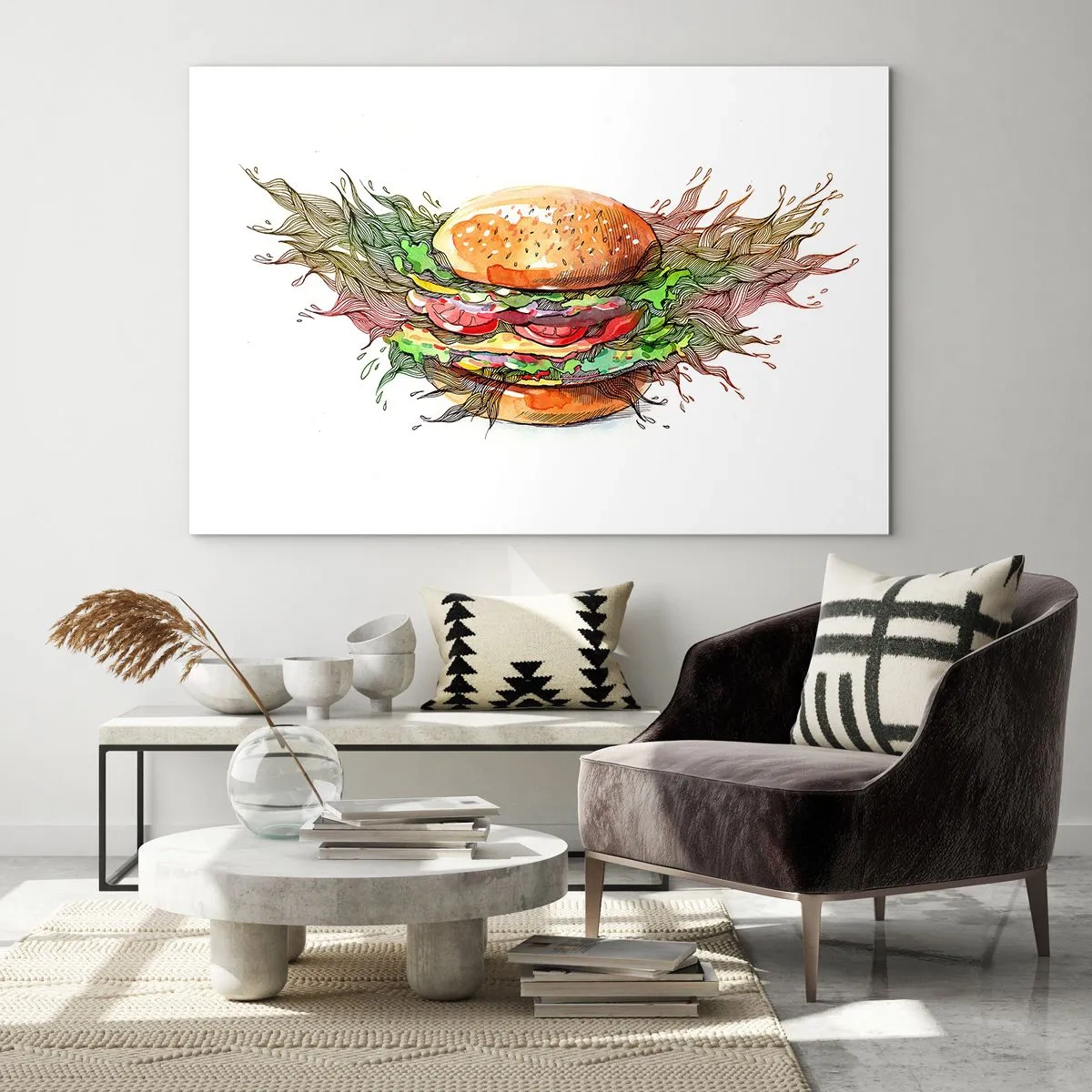 Tablou pe sticlă - Desen artistic al unui burger cu detalii în acuarelă - 70x50cm - Tentație fierbinte - Decorațiune modernă pentru perete pentru living și dormitor ARTTOR