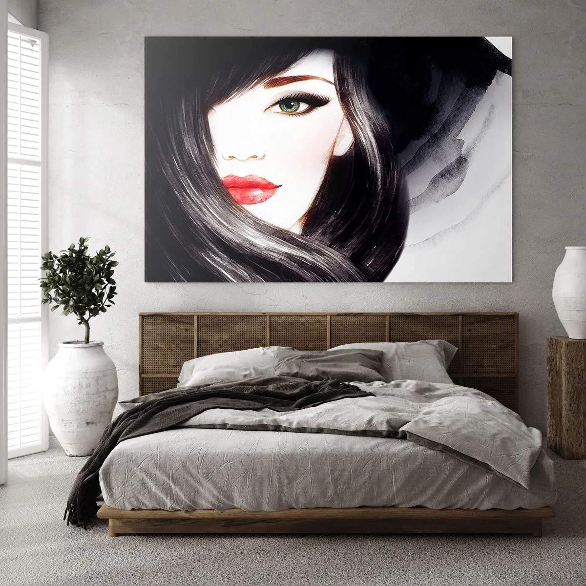Tablou pe sticlă - Portretul unei femei cu păr negru și buze roșii expresive - 70x50cm - Privirea de safir - Decorațiune modernă pentru perete pentru living și dormitor ARTTOR