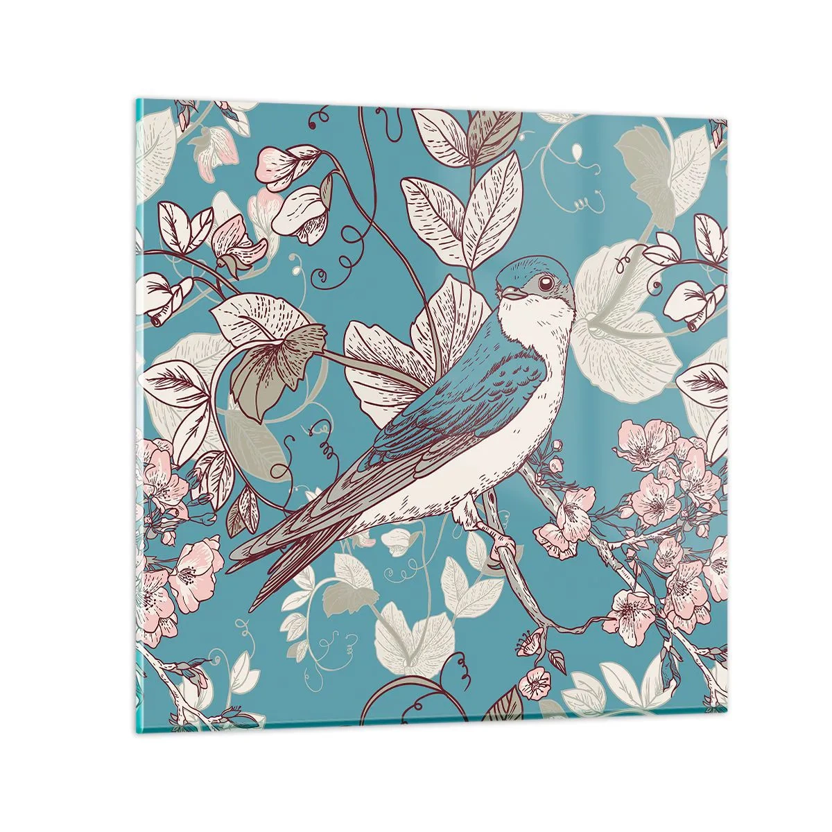 Tablou pe sticlă - Ciripit în florile albe - 30x30 cm