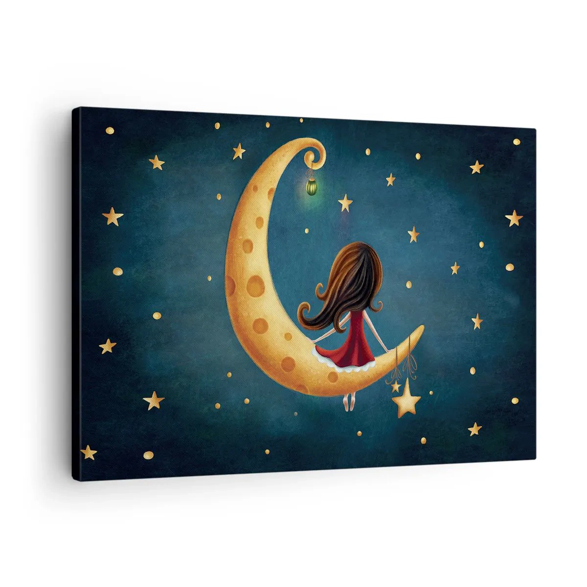 Tablou pe pânză Canvas - O fată pe Lună înconjurată de stele - 70x50cm - A fost odată ca niciodată... - Decorațiune modernă pentru perete pentru living și dormitor ARTTOR