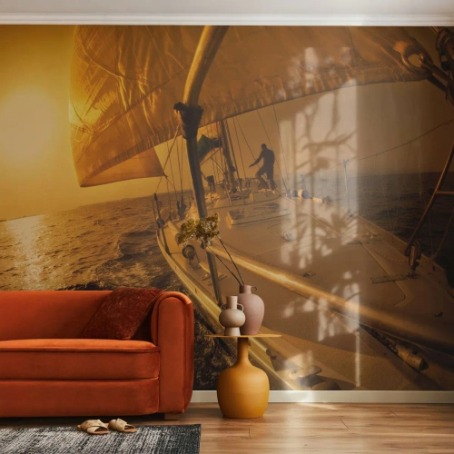 Tapet Premium Canvas - O seară aurie după o zi multicoloră - Studii maritime, Barcă cu pânze, Călătorii - 200x140 cm