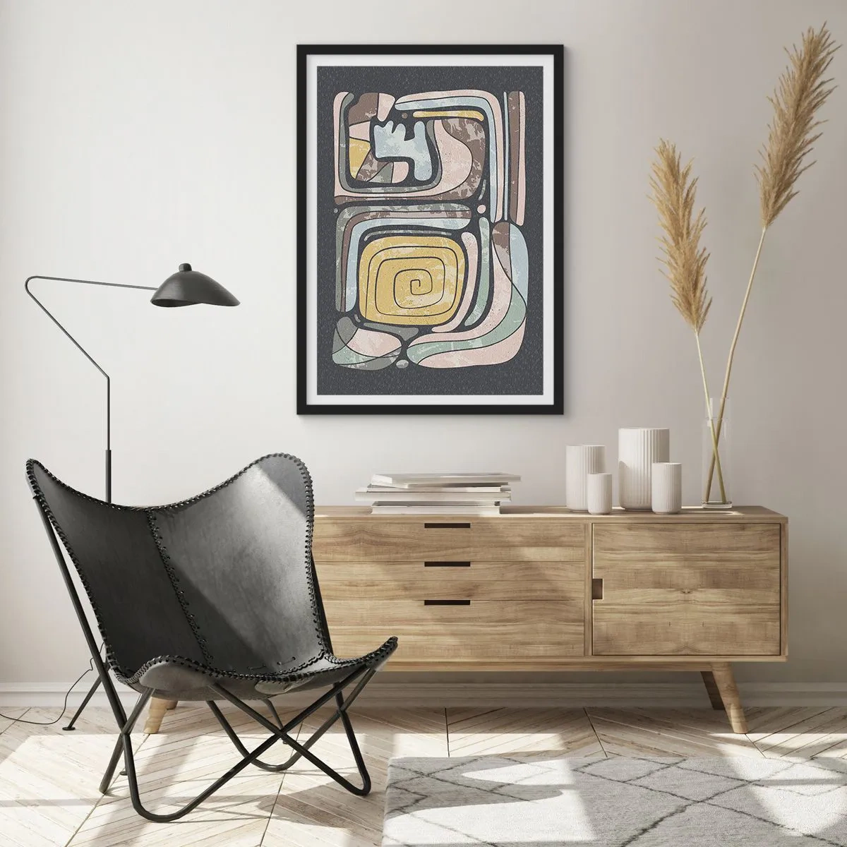 Poster în ramă neagră - Operă de artă abstractă cu modele geometrice în tonuri pământii - 50x70cm - Abstracție în spirit precolumbian - Decorațiune modernă pentru perete pentru living și dormitor ARTTOR