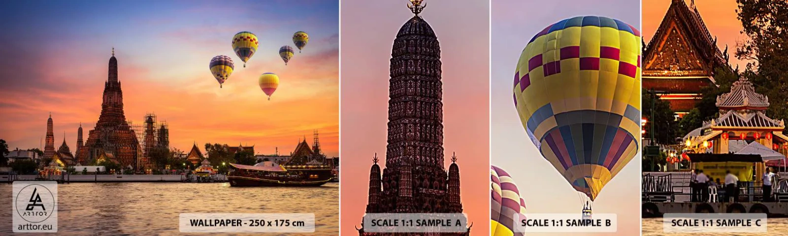 Mostră tapet autocolant Deluxe Sticker - Aici se nasc basmele - Bangkok, Templul zorilor, Tailanda - 100x30 cm