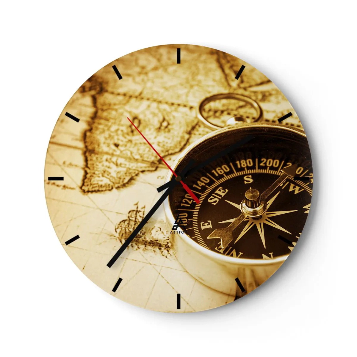 Ceas de perete - Ceas pe sticlă - O busolă pe fundalul unei hărți vechi în tonuri calde - 30x30cm - Est sau vest? - Decorațiune modernă pentru perete pentru living, bucătărie și dormitor ARTTOR