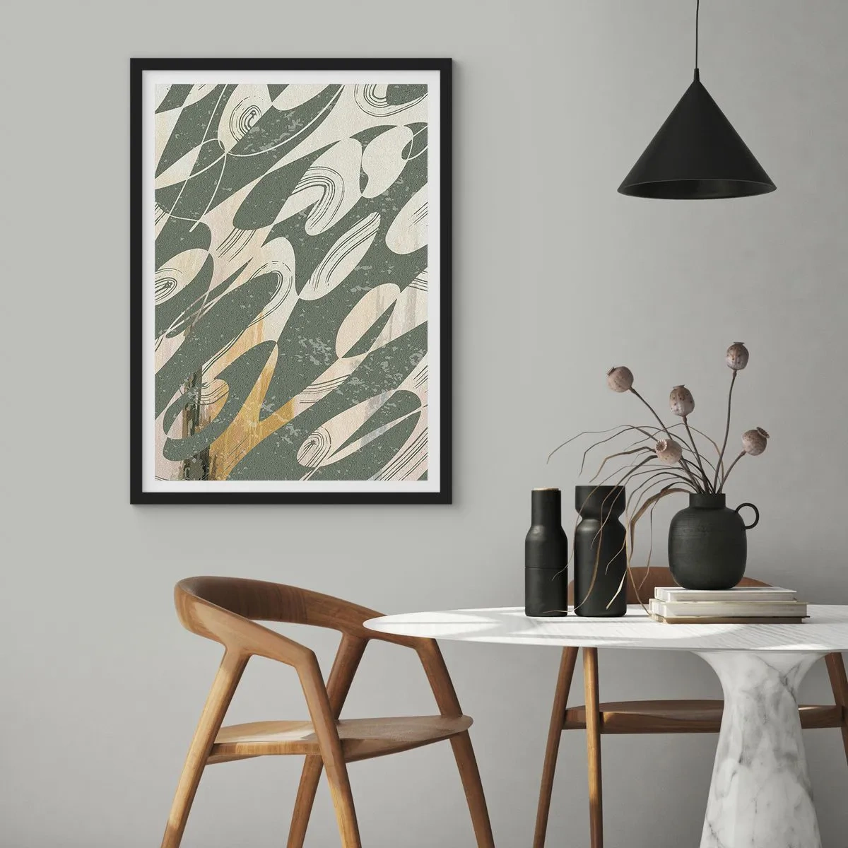 Poster în ramă neagră - O compoziție abstractă de forme organice în verde și bej. - 50x70cm - Abstracție ritmică - Decorațiune modernă pentru perete pentru living și dormitor ARTTOR