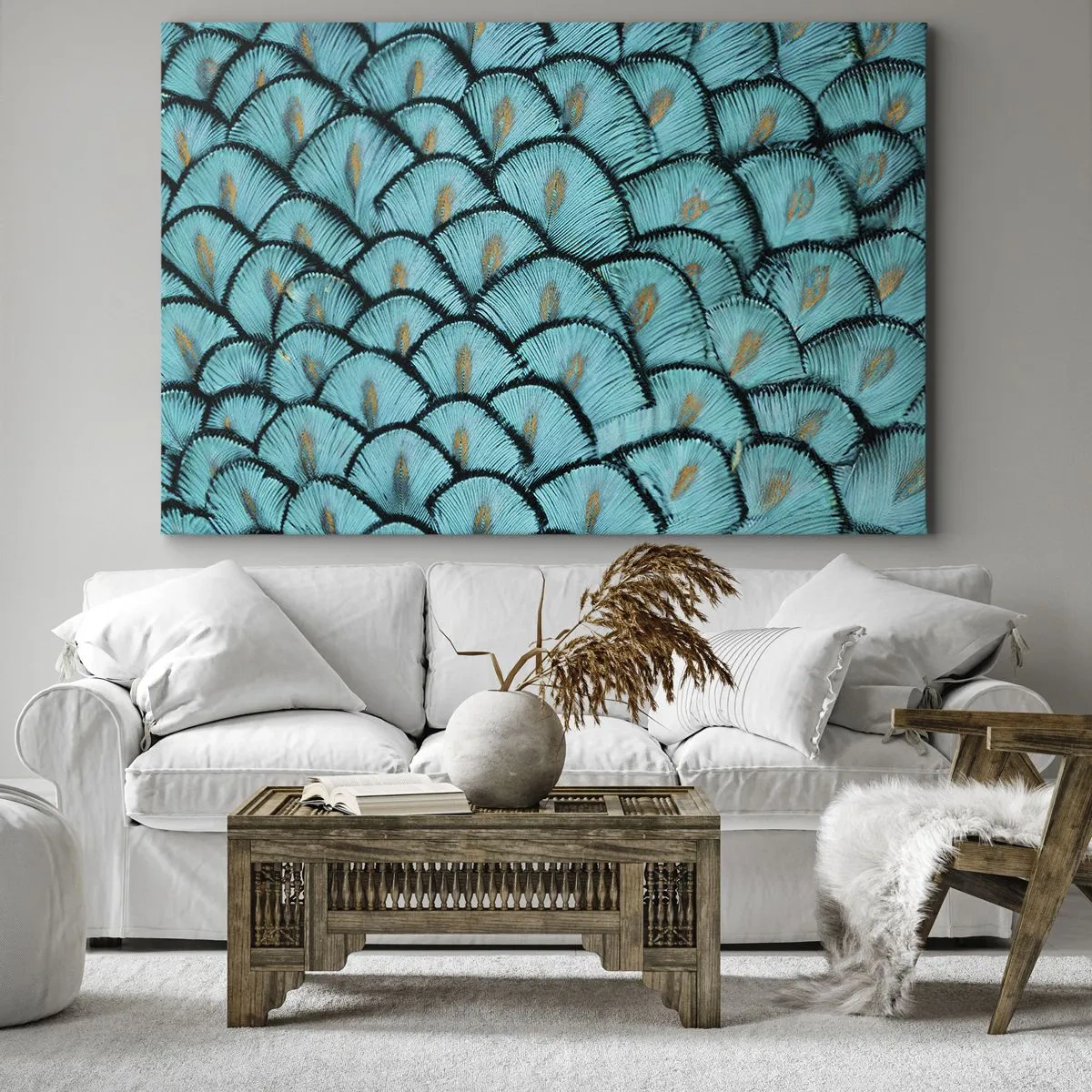 Tablou pe pânză Canvas - Un model asemănător cu solzi turcoaz cu accente aurii - 70x50cm - Marea gală a penelor - Decorațiune modernă pentru perete pentru living și dormitor ARTTOR