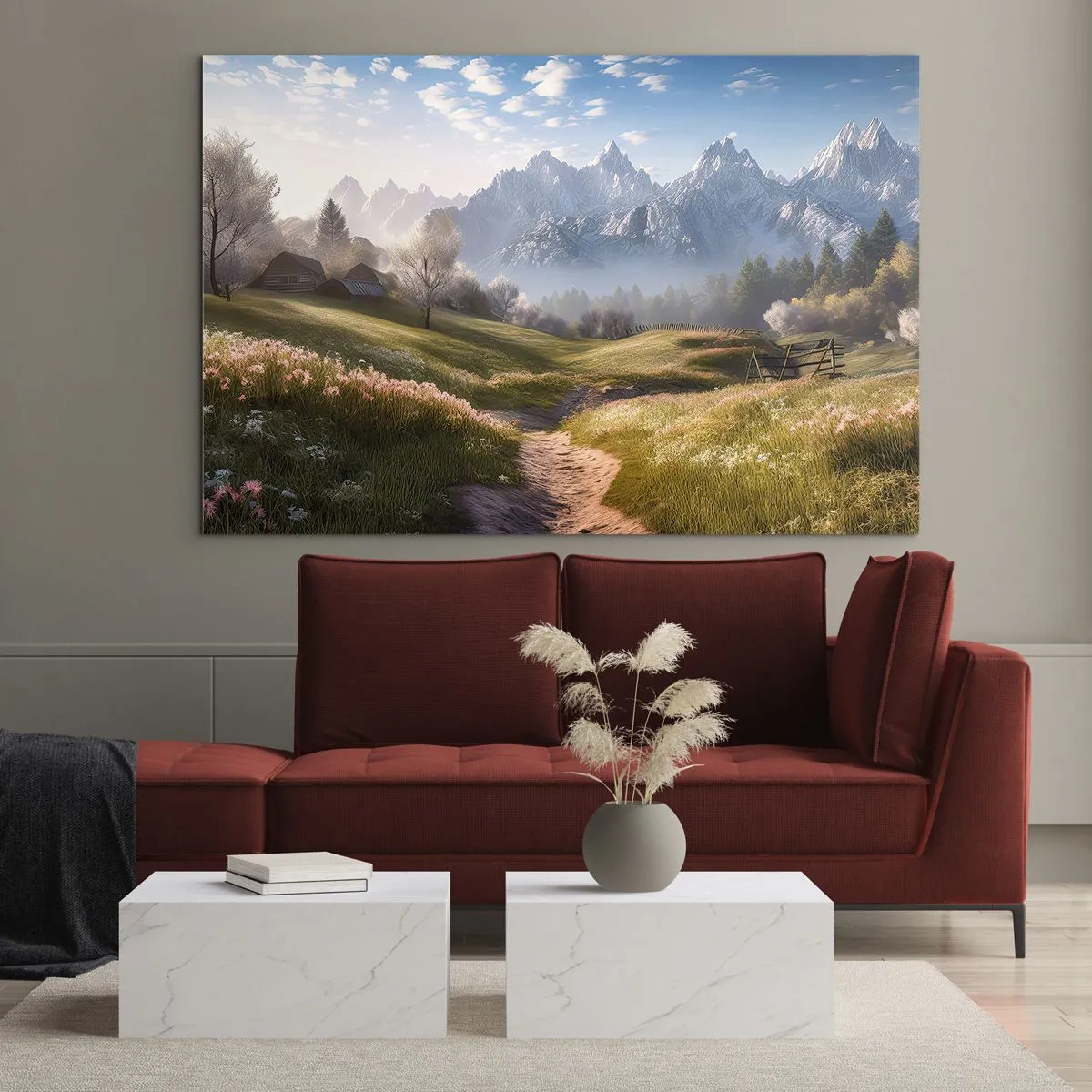 Tablou pe sticlă - Peisaj de primăvară cu o vale, flori și munți în fundal dimineața - 70x50cm - Valea idilică - Decorațiune modernă pentru perete pentru living și dormitor ARTTOR