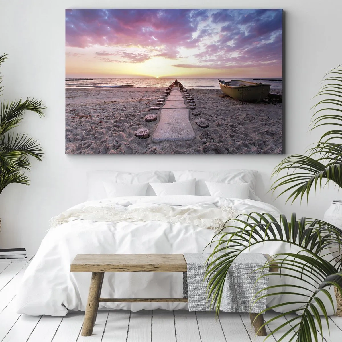 Tablou pe pânză Canvas - Plaja Sunrise cu barcă și dig - 70x50cm - Un moment de experiență profundă - Decorațiune modernă pentru perete pentru living și dormitor ARTTOR