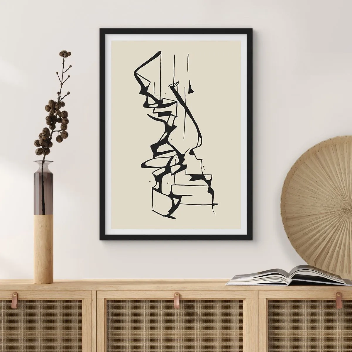 Poster în ramă neagră - Compoziție abstractă alb-negru de linii și forme - 50x70cm - Poate că peisajul - Decorațiune modernă pentru perete pentru living și dormitor ARTTOR