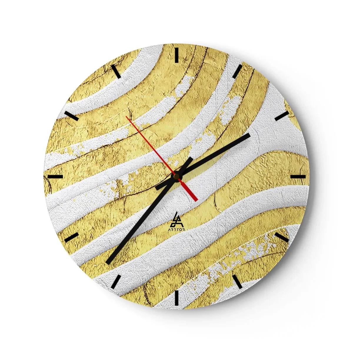 Ceas de perete - Ceas pe sticlă - Valuri aurii și albe într-o textură abstractă - 30x30cm - Compoziția în alb și auriu - Decorațiune modernă pentru perete pentru living, bucătărie și dormitor ARTTOR