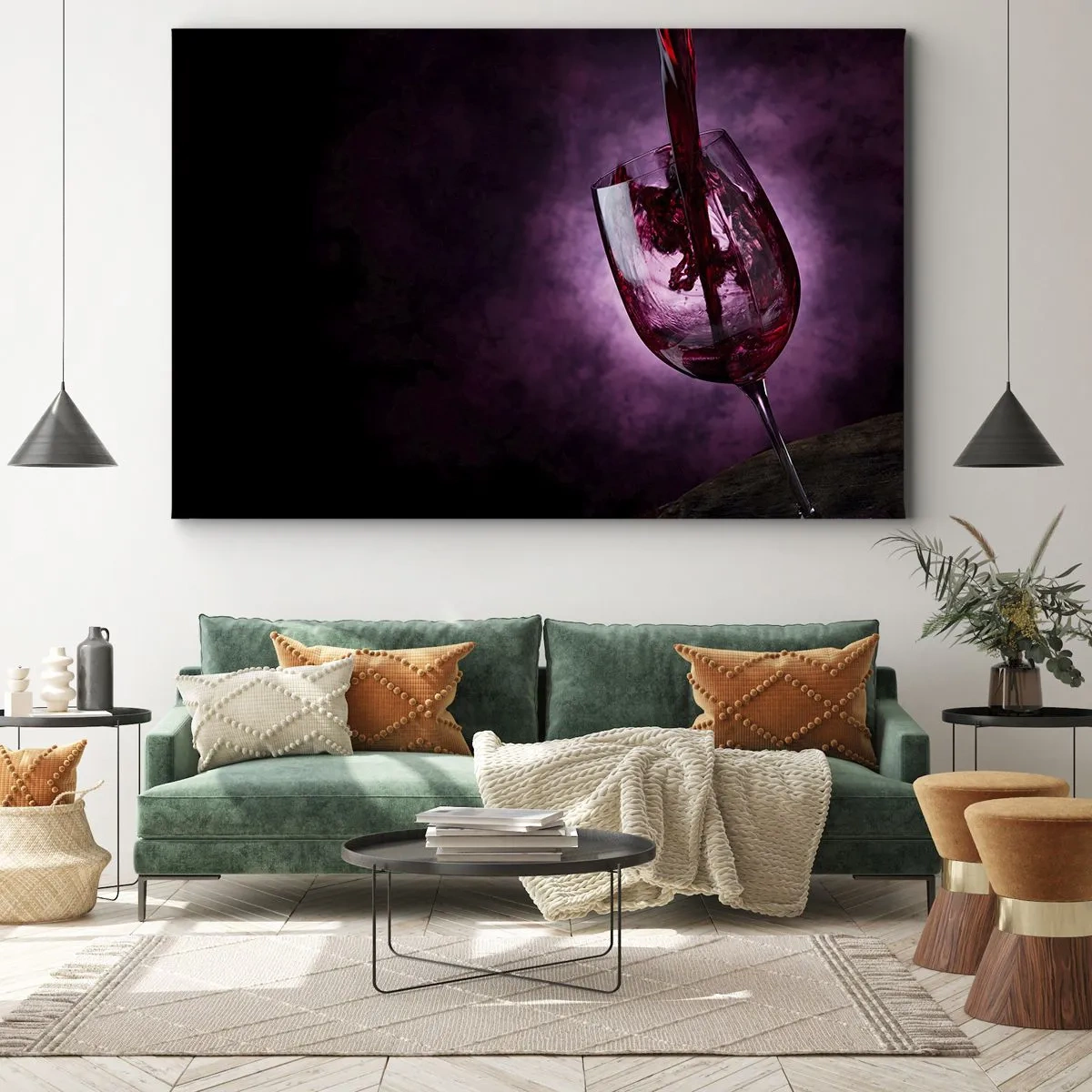 Tablou pe pânză Canvas - Vin roșu turnat într-un pahar pe un fundal de fum violet - 70x50cm - Stacojiu? Carmin? Nu, rubin. - Decorațiune modernă pentru perete pentru living și dormitor ARTTOR