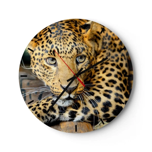 Ceas de perete - Ceas pe sticlă - Portretul unui leopard cu o privire intensă - 30x30cm - Nu-ți fie teamă, apropie-te - Decorațiune modernă pentru perete pentru living, bucătărie și dormitor ARTTOR