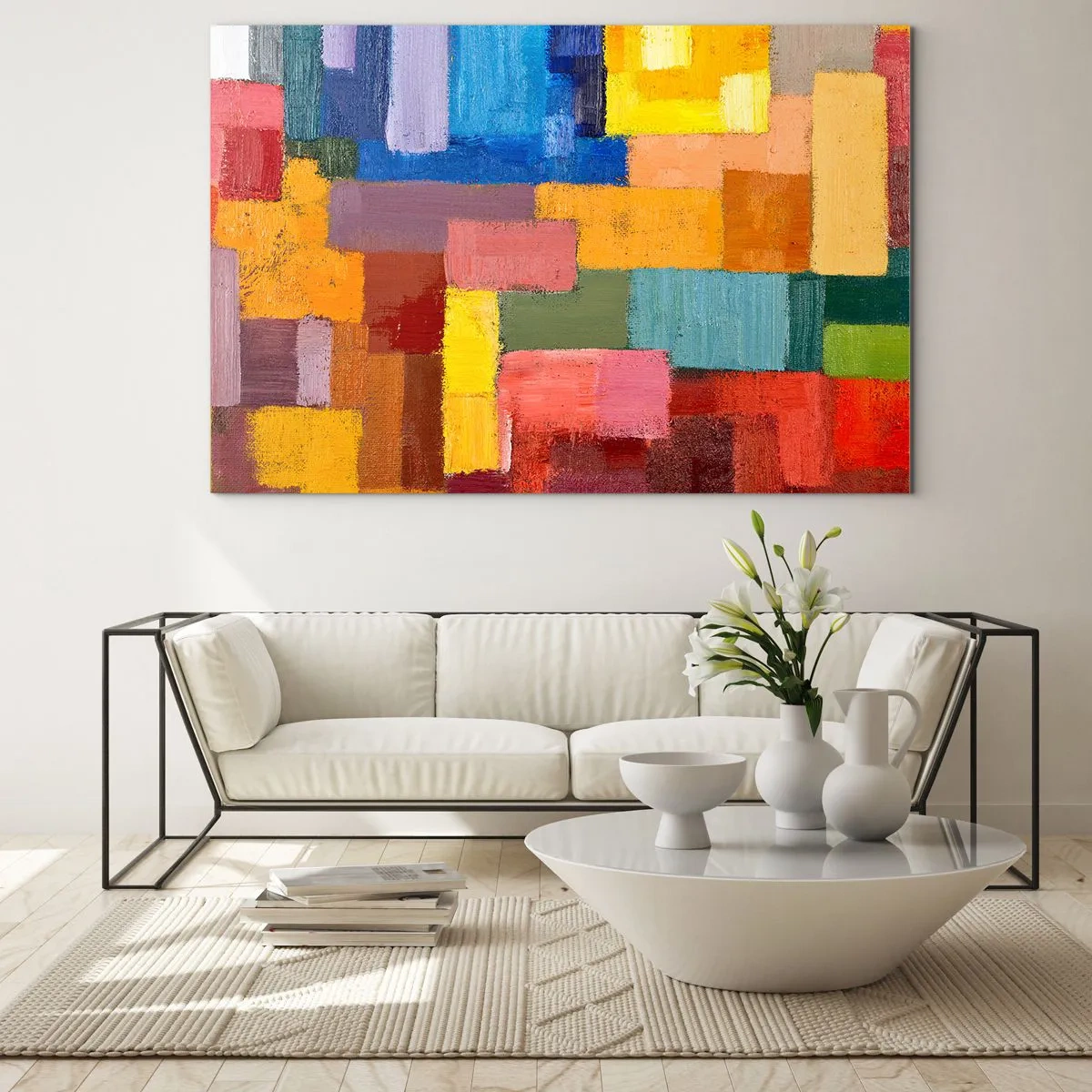 Tablou pe sticlă - Compoziție abstractă de dreptunghiuri colorate - 70x50cm - Fiecare diferită, toate colorate - Decorațiune modernă pentru perete pentru living și dormitor ARTTOR