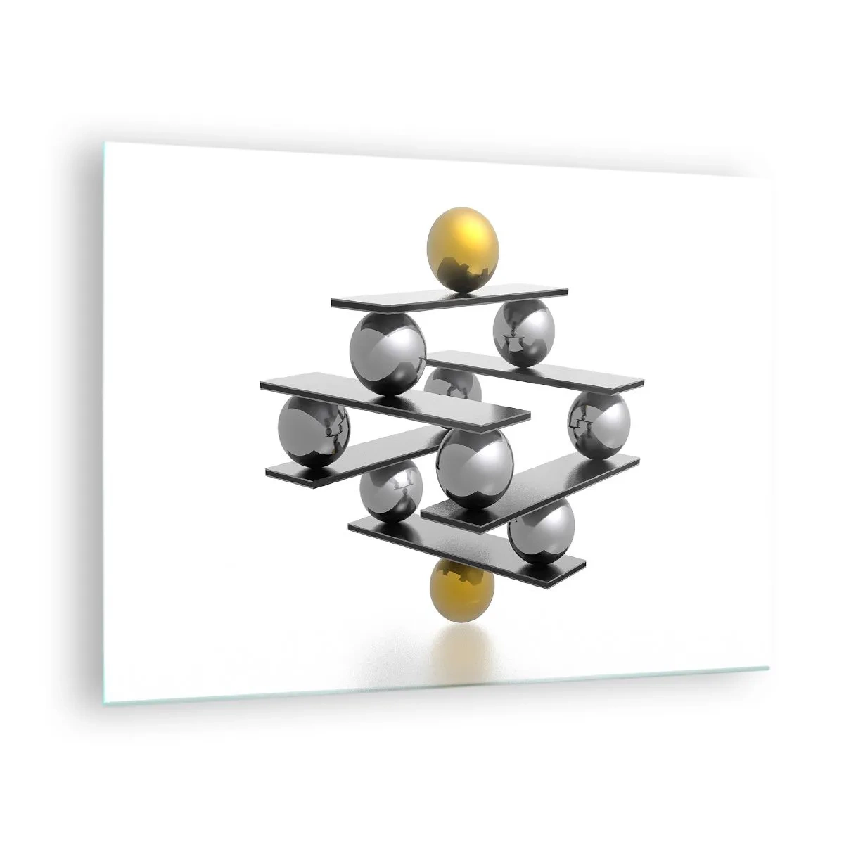Tablou pe sticlă - Compoziție geometrică cu bile și platforme pe fundal alb - 70x50cm - Balanța aur-argint - Decorațiune modernă pentru perete pentru living și dormitor ARTTOR