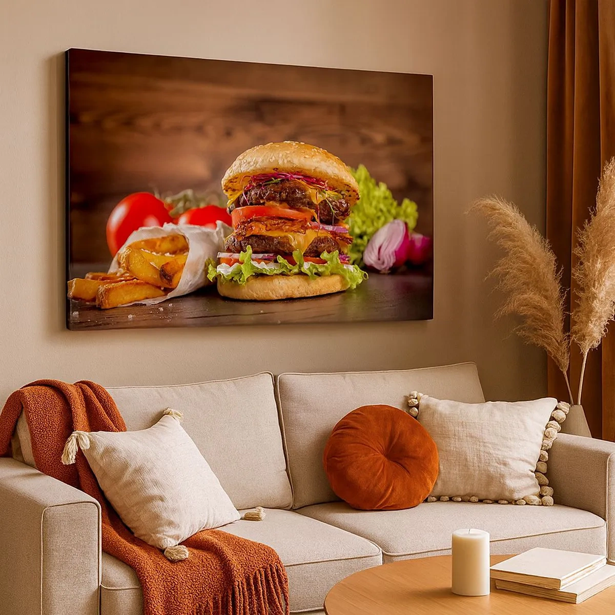 Tablou pe pânză Canvas - Burger apetisant cu extrasuri - 70x50cm - Fruct interzis - Decorațiune modernă pentru perete pentru living și dormitor ARTTOR