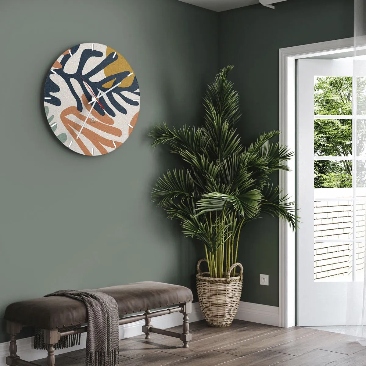 Ceas de perete - Ceas pe sticlă - Frunze colorate într-un stil grafic pe un fundal deschis - 30x30cm - Mări de corali - Decorațiune modernă pentru perete pentru living, bucătărie și dormitor ARTTOR