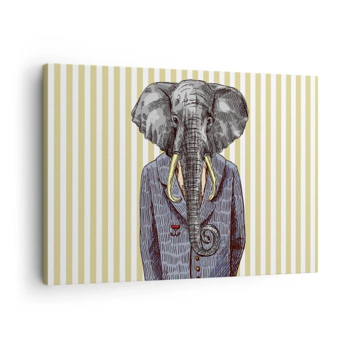 Tablou pe pânză Canvas - Un elefant în costum pe un fundal de dungi bej - 70x50cm - Elegant prin natură - Decorațiune modernă pentru perete pentru living și dormitor ARTTOR