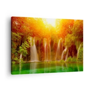 Tablou pe pânză Canvas - Cascade înconjurate de verdeață în strălucirea soarelui care apune - 70x50cm - La soare și la umbră - Decorațiune modernă pentru perete pentru living și dormitor ARTTOR