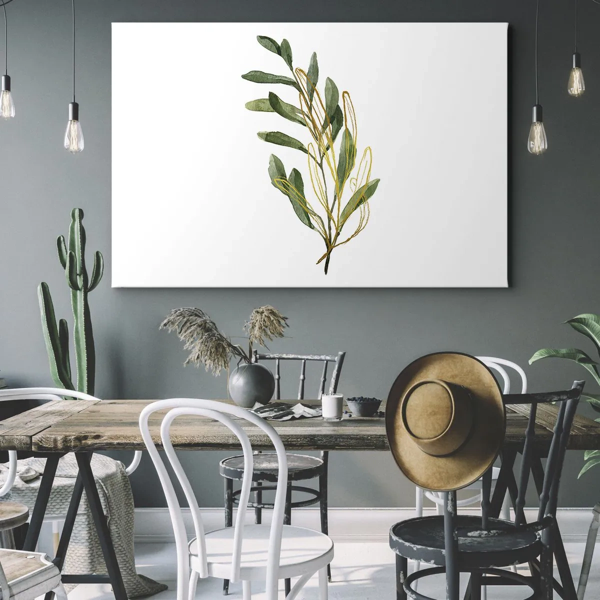 Tablou pe pânză Canvas - ramură verde cu frunze pe fundal alb - 70x50cm - Toate cele bune - Decorațiune modernă pentru perete pentru living și dormitor ARTTOR