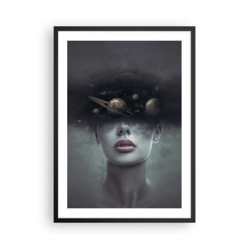 Poster în ramă neagră - Portretul misterios al unei femei cu planete în spațiu - 50x70cm - Și planetele o iau razna... - Decorațiune modernă pentru perete pentru living și dormitor ARTTOR